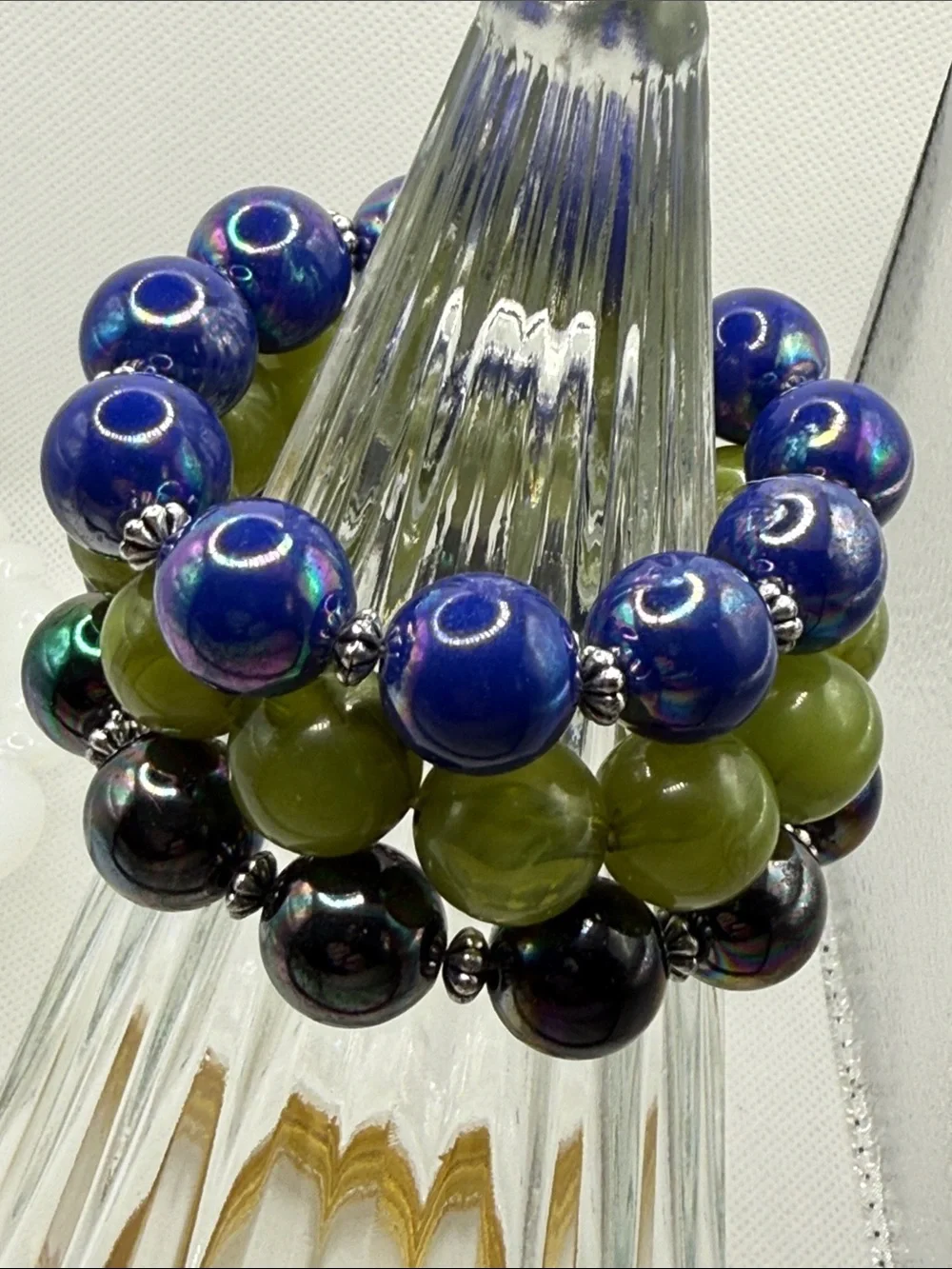 Lucite vintage trio stretch bracelets Blue Olive black shiny Beaded Bracelet Set